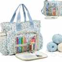 Large Blue Floral Quilted Crochet Knitting Bags and Totes Organizer Cotton Yarn Hook Bag Holder Christmas Corduroy Gift for Crochet Lover Crocheting Accessories, Needle with Zipper