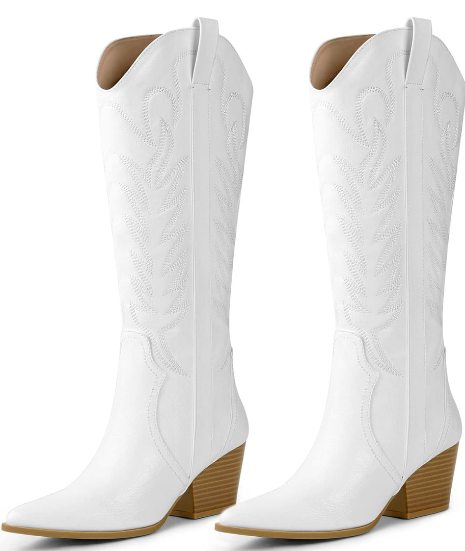 Arromic Cowboy Boots for Women Comfortable Womens Embroidered Western Cowgirl Knee High Boots Pointed Toe Zipper Chunky Heel Country Outfit Retro Tall Boots 9
