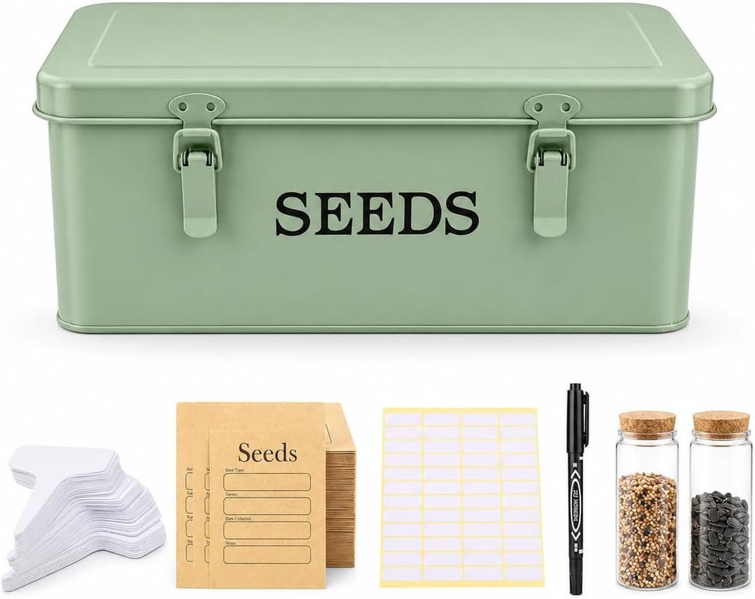 Seed Storage Box, Metal Seed Bin Seed Storage Organizer, 4 Dividers Seed Container with Safety Lock, Seed Box with Professional All-in-one Kit, Green
