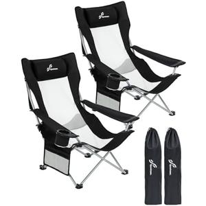 Sportneer Beach Chair: Adjustable Folding Chair with Cup Holder & Side Pocket - Portable & Compact Beach Chairs for Adults with Reclining Positions for Camping Picnic and Outdoor, Black 2 Pack