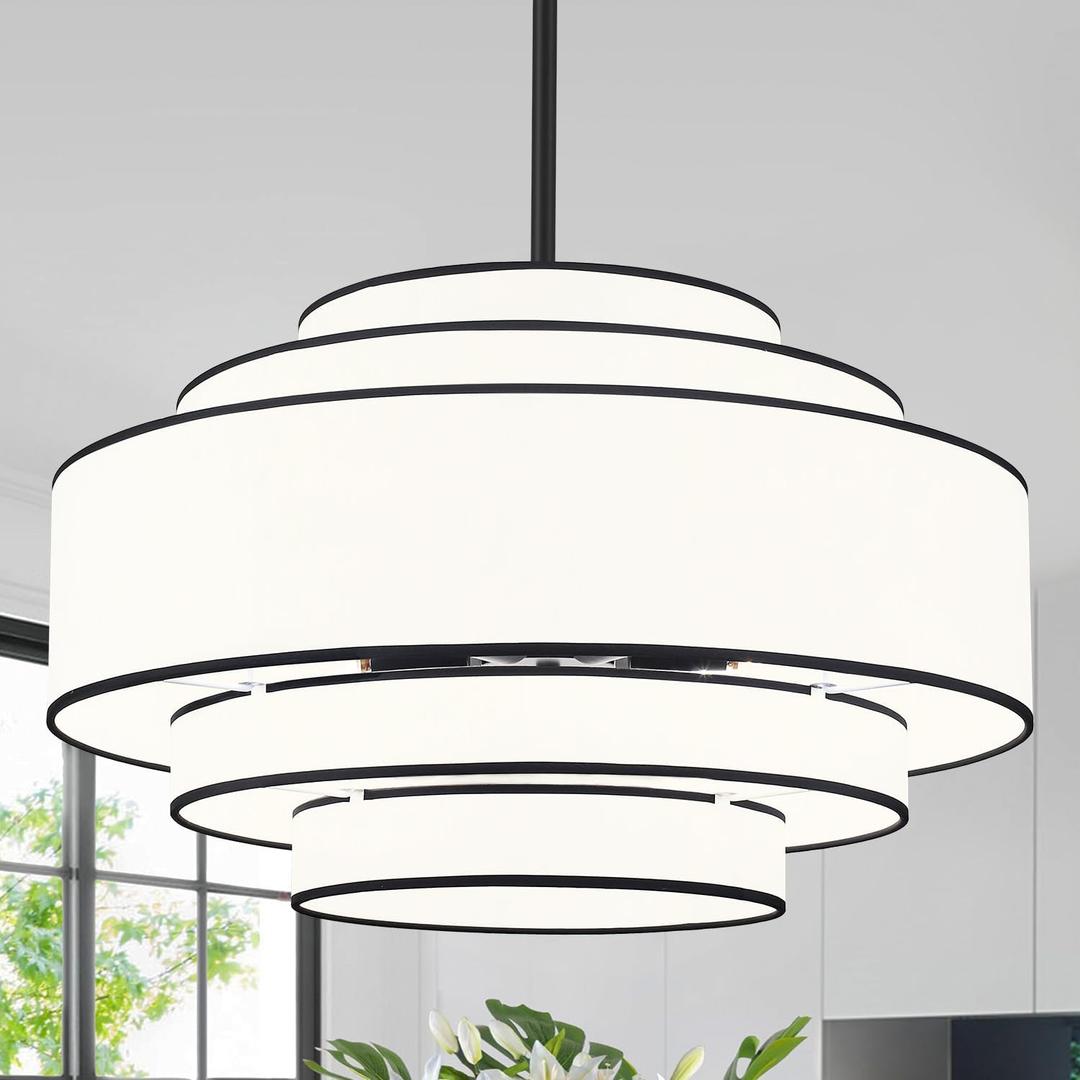 23.62" Modern Drum Chandelier, 5-Tier Black Dining Room Light Fixture Over Table, 6-Light Large Pendant Light Adjustable with White Fabric Chandeliers for Dining Room Kitchen Living Room Bedroom