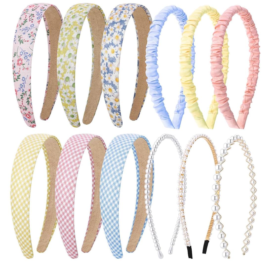 JATEBI 12 Pack Headbands for Women Girls Fashion Cute Headbands Non Slip Colorful Floral Plaid Pearl Solid Hair Accessories Multi-style Headband Pack