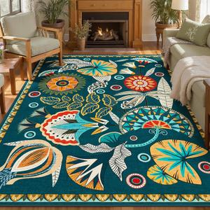 Joydeco Egypt Floral Washable Living Room Rugs 9x12, Dark Green Large Boho Bedroom Dining Room Rug Non Slip, Vintage Low Plie Indoor Throw Rug for Dining Room Nursery Dorm Classroom, 8'11" x 12'