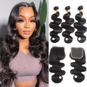 Human Hair Bundles with Closure 18 20 22+16 Inch Body Wave Closure with Bundles 100% Brazilian Virgin 3 Bundles Human Hair Weave with 4x4 Free Part Lace Closures Natural Black