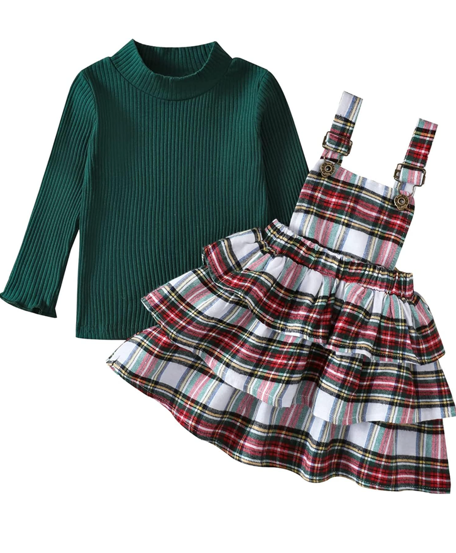 Okbabeha Toddler Girl Christmas Outfits Plaid Dress Solid Shirt Suspender Skirt 1T 2T 3T 4T 5T Kids Girls Overall Dress Set