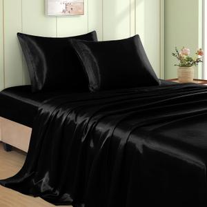VACVELT 3pcs Black Satin Sheets Twin XL Size Bed Set, 15 Inch Deep Pocket Silky Satin Sheet Set, Soft Satin Bedding Set Cooling & Luxury Bed Sheets, 1 Fitted Sheet + 1 Flat Sheet + 1 Pillowcase, Black 