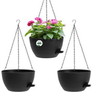 AHJZO 3 Pack 10 Hanging Flower Pots with Chains Self Watering Plastic Planters for Indoor Outdoor Plants, Sturdy Triangular Iron Chain Design for Garden PorchPlastic Hanging Flower pots (3, Black)