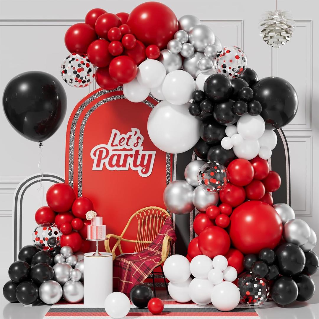 155pcs Red Black and White Balloon Garland Arch Kit, Different Size Red Black White Silver Confetti Balloons for Shower Birthday New Year Graduation Wedding Racing Car Poker Party Decorations