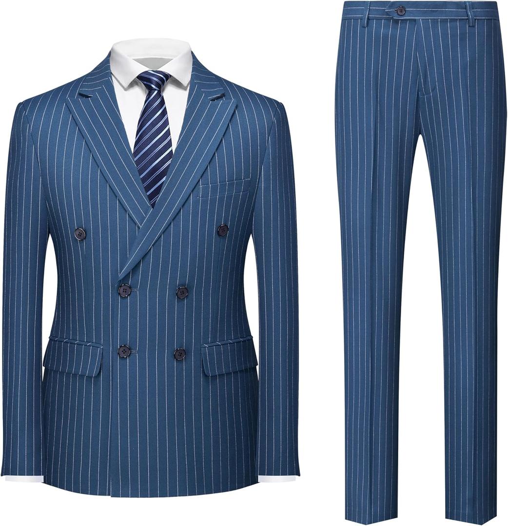 MOGU Mens Double Breasted Pinstripe Suit 2 Piece Slim Fit Tuxedo Formal Jacket and Pants for Business Wedding Prom (Medium, Lake Blue)