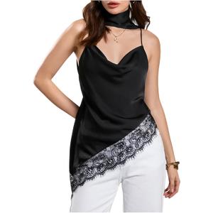 Verdusa Women's Lace Satin Tops Festival Outfits Asymmetrical Camisole Tops with Scarf (Black, XS)