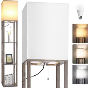 Floor Lamp with ShelvesWood Corner Floor Lamps for Living Room Tables with 3 CCT LED Bulb,Modern Display Bookshelf Nightstand Lamps,Column Standing Lamp for Bedroom Office Home Decor-Rustic Wood (10.2 "wide)