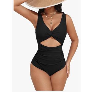 AI'MAGE Women's One Piece Swimsuit High Waisted Bathing Suit Cutout Monokini V Neck Swimwear,S