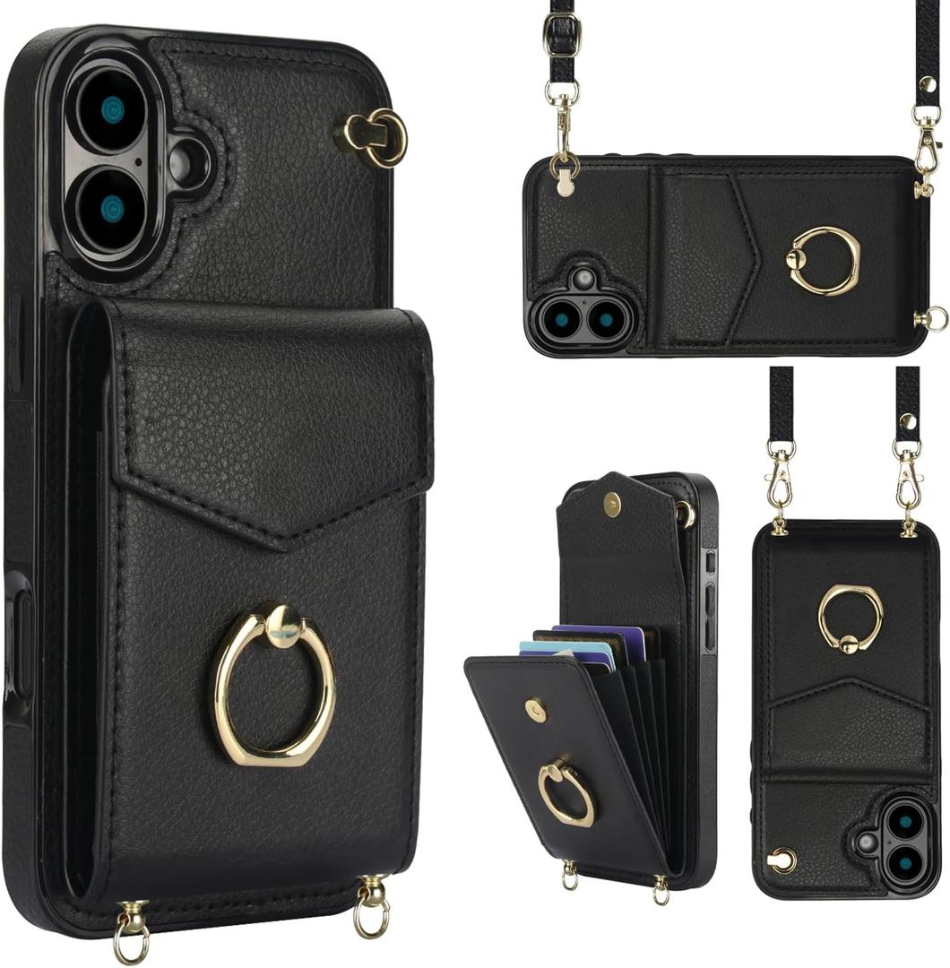 for iPhone 16 Case 6.1 inch, Minimalist Wallet Case with Ring Kickstand and Shoulder Strap, Shockproof Stylish Protective Cover for iPhone 16 -Black