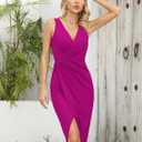 Missufe Women's Sleeveless V Neck Wrap Ruched Bodycon Party Cocktail Sheath Slit Midi Dress (Pink, L)