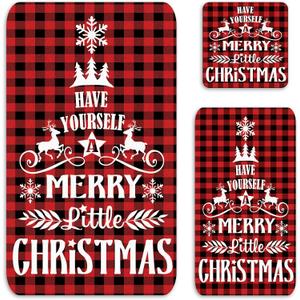Moukeren 3 Pcs Christmas Bathroom Towel Sets Water Absorbent Soft Christmas Bath Towel Hohoho Snowflake Santa Christmas Tree Truck Deer Winter Christmas Red Towels for Home Hotel Xmas Decor (Plaid)