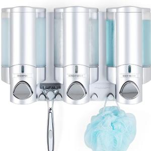 Better Living Aviva Shower Dispenser 3 Chamber, Wall Mount Shower Soap Dispenser for Bathroom Hotel Body Wash, Built-in Hooks, No Drill, Waterproof Shampoo Soap Dispenser, 3 x 11 oz, Satin Silver