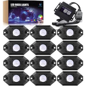 MICTUNING 2025 Upgraded CM RGB Rock Lights Kits - 12 Pods Multicolor Neon Light Waterproof Underglow Lighting Kit with APP Control & Flashing & Music Mode