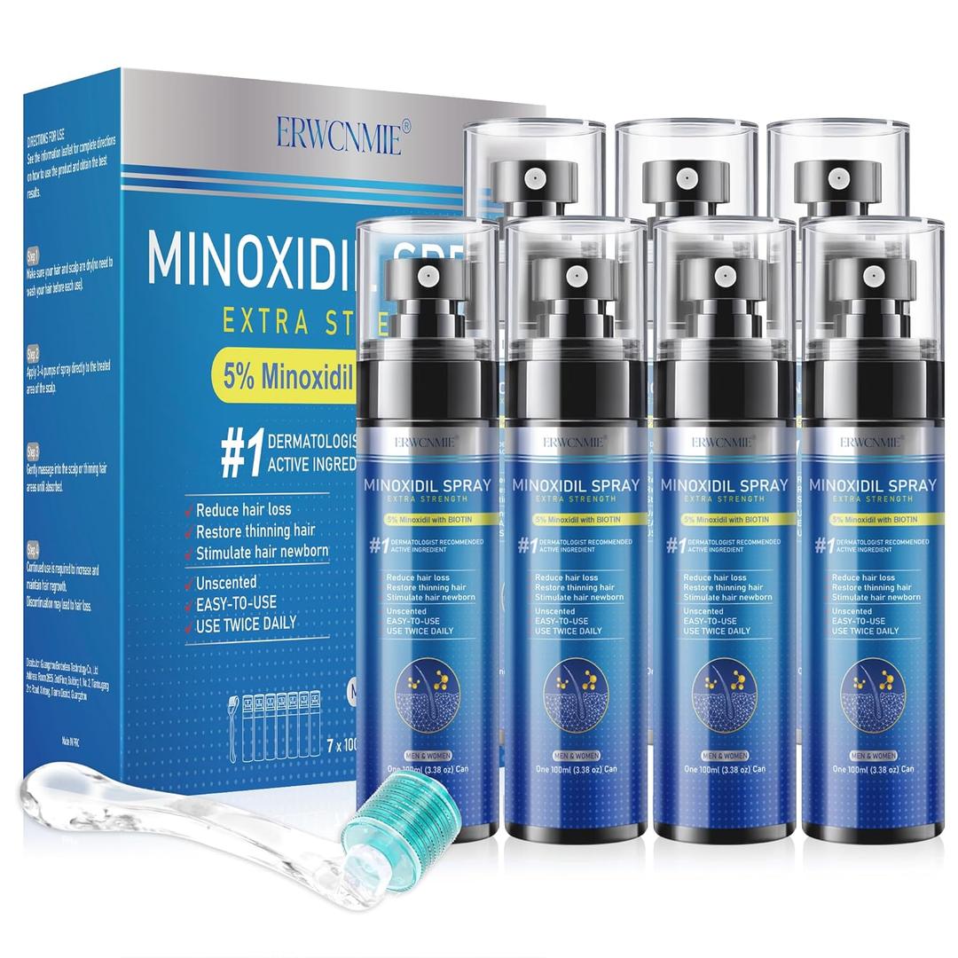 5% Minoxidil Spray for Men and Women-5 pack, Infused with Biotin, Beard Growth, Extra Strength Treatment to Combat Hair Loss and Thinning, and Fuller Hair & Beard (11 Month Supply, Extra Strength)