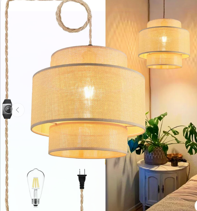 QIYIZM Plug in Pendant Light Hanging Lights with Plug in Cord Hanging Lamp Rattan Boho Dimmable, Wicker Bamboo Woven Lamp Shade, Plug in Ceiling Light Fixture for Living Room Bedroom 