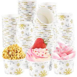 120Pcs Winter Snack Cups 12 Oz Gold Silver Snowflake Ice Cream Cups Christmas Dessert Disposable Soup Bowls Winter Paper Cup Container for Hot or Cold Food Candies Holiday Snowflake Party Decorations