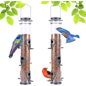 MIXXIDEA 2PK Metal Wild Bird Feeder Squirrel Proof Bird Feeders for Outside Hanging 6 Port Tube Bird Feeder Transparent Finch Feeder with Steel Hanger (Grey) (Gray)