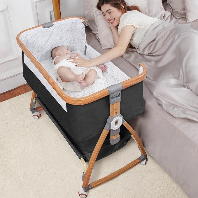 Baby Bassinet, Bedside Bassinet for Baby, 6 Height Adjustable Baby Bed, 3 in 1 Bassinet Bedside Sleeper with Wheels, Mosquito Net, Portable Bedside Crib for Infant/Baby/Newborn (Deep Grey)