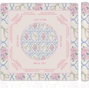Cquwb Coquette Pink and Blue Floral Mahjong Mat 31.5"x31.5", Grandmillennial Cottagecore Flower Non-Slip Noise Reduction Gaming Mat for American Mahjong Poker Card Board Games Dominoes
