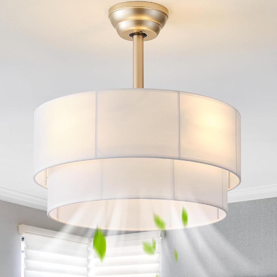 20" Boho Ceiling Fans with Lights, Fabric Fandelier Chandelier Ceiling Fan with Light Remote Control, Caged with 6 Speeds for Bedroom, Nursery(White)