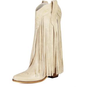 Embroidered Fringe Cowboy Boots for Women, Pull On Mid Calf Chunky Block Heel Pointed Toe Western Cowgirl Boots Riding Country Boot Retro Boots