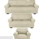 Peryiter 3 Pcs Slipcover Set for Couch Furniture Covers for Sofa Loveseat Couch Arm Chair, Form Fit Stretch, Wrinkle Free, Furniture Protector(Beige,Milk Silk Spandex)