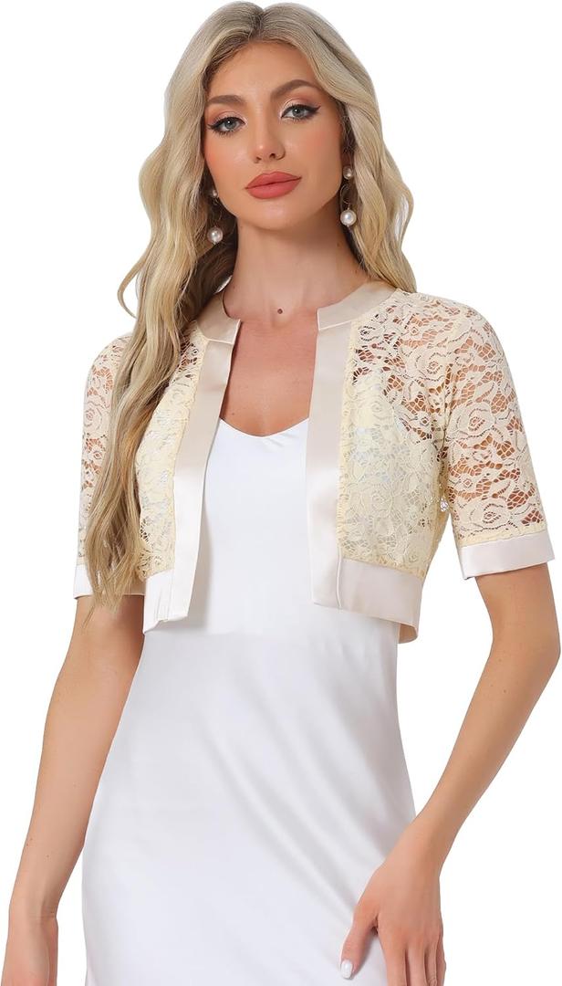 Allegra K Lace Shrug for Women's Cropped Sheer Floral Lace Shrug for Evening Dresses, Medium, Beige
