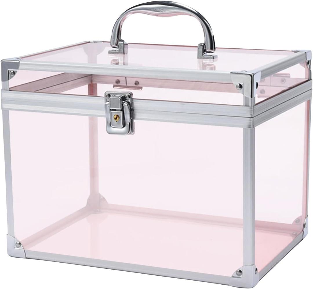 Crown Box, Clear Cosmetic Case, Acrylic Artists Display Case, Toiletry Train Case with Latches & Handle Large Capacity Acrylic Travel Makeup Tools Box for Vanity Dresser Bathroom Counter (Silver-Pink)