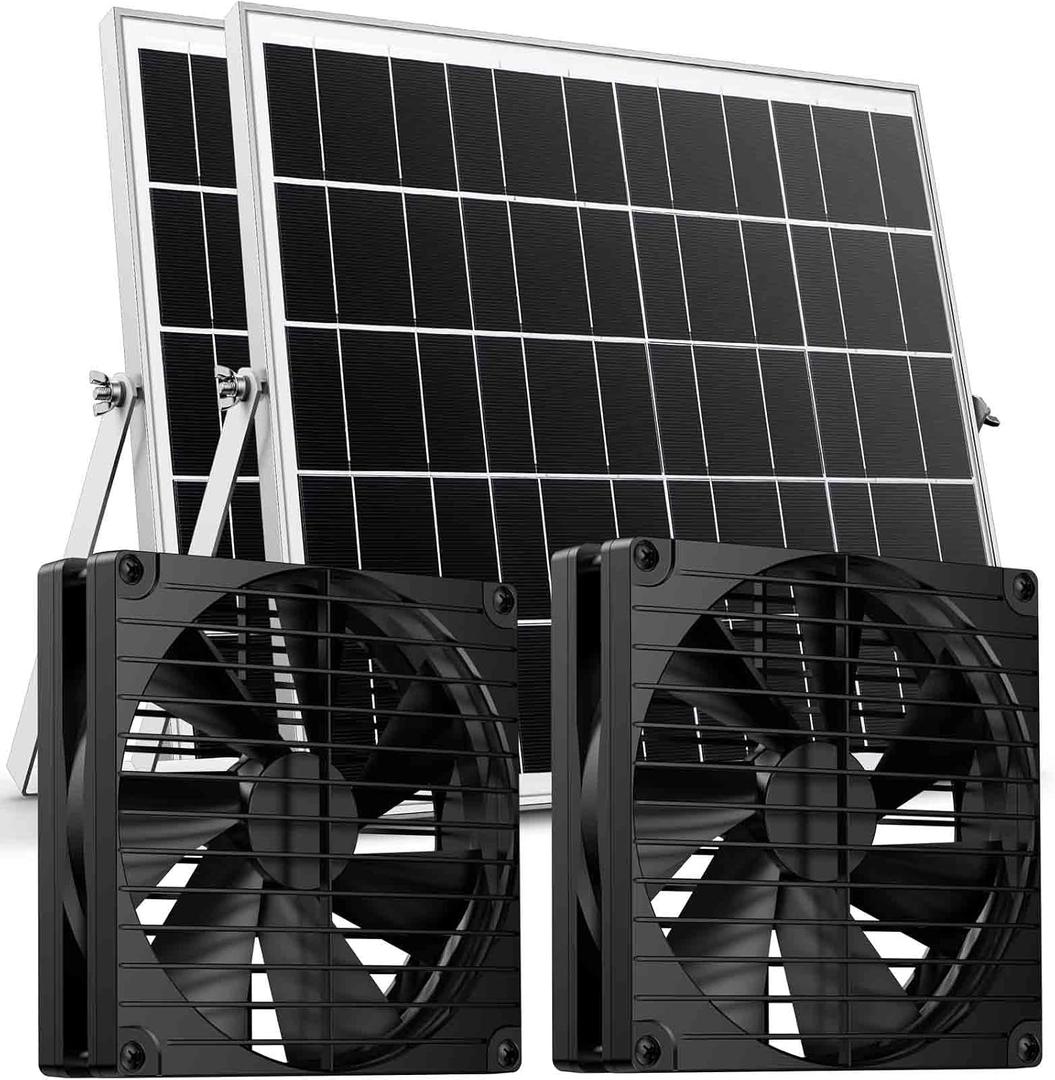 7 Inch 44W Solar Powered Two Fan Exhaust Vent Large Airflow for Outside Greenhouse Chicken Coop Shed Trailer, IPX7 Waterproof Brushless DC Motor 16.5 Ft On/Off Switch Cable