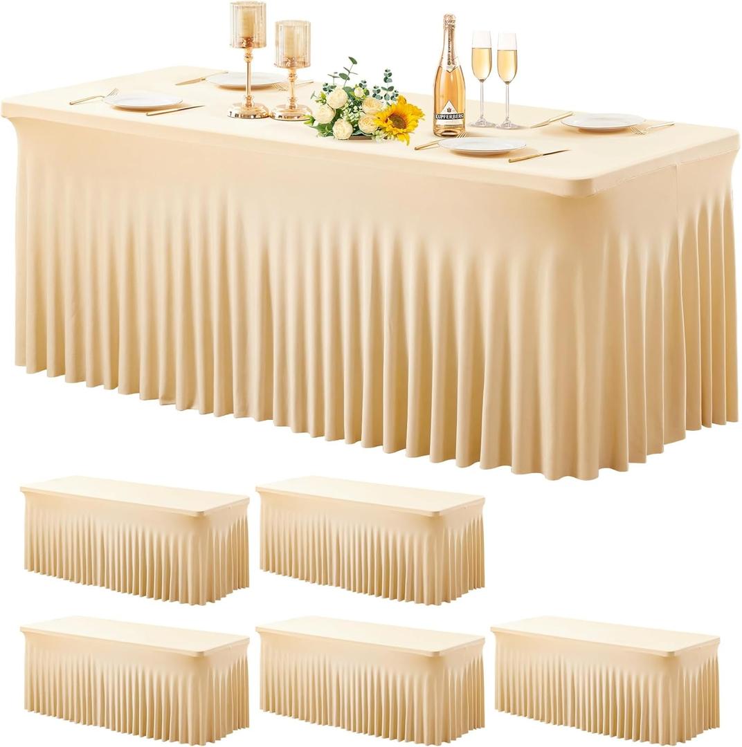 6 Pack Champagne Spandex Table Clothes for 6 Foot Rectangle Tables, 6FT Wrinkle Free Fitted Tablecloths Ruffles Design Table Cover for Party, Banquet, Wedding and Events