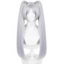 ANOGOL Hair Cap + White Ponytail Wig Women Long Straight Silver Wigs for Cosplay Synthetic Hair Silver Anime Wig with Double Ponytails White Pigtail Wig for Halloween Party Costume Outfit
