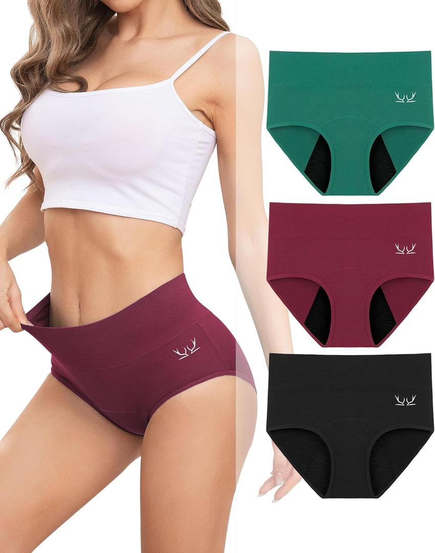Rdiner Heavy Flow High Absorbency Period Underwear Women, Leakproof Panties Postpartum Menstrual Hipster Briefs Teens 3 Pack (Medium, Black+red+green)