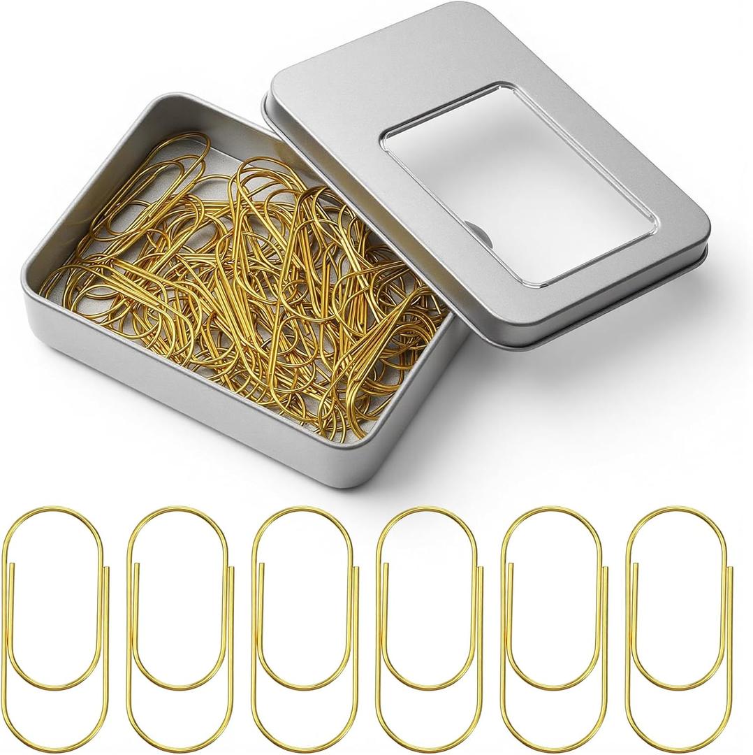 50 PCS Large Gold Paper Clips with Tin Box, 2 Inch Paper Clips Jumbo Gold Paper-Clip Non Skid Smooth Finish Steel Wire Office Supply Invitation Accessories