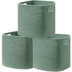 UBBCARE Set of 3 Cotton Rope Basket 13 X 13 X 13 Inches, Woven Storage Baskets for Shelves, Organizing with Handles, Cube Storage Bins for Storage Books, Magazines, Green