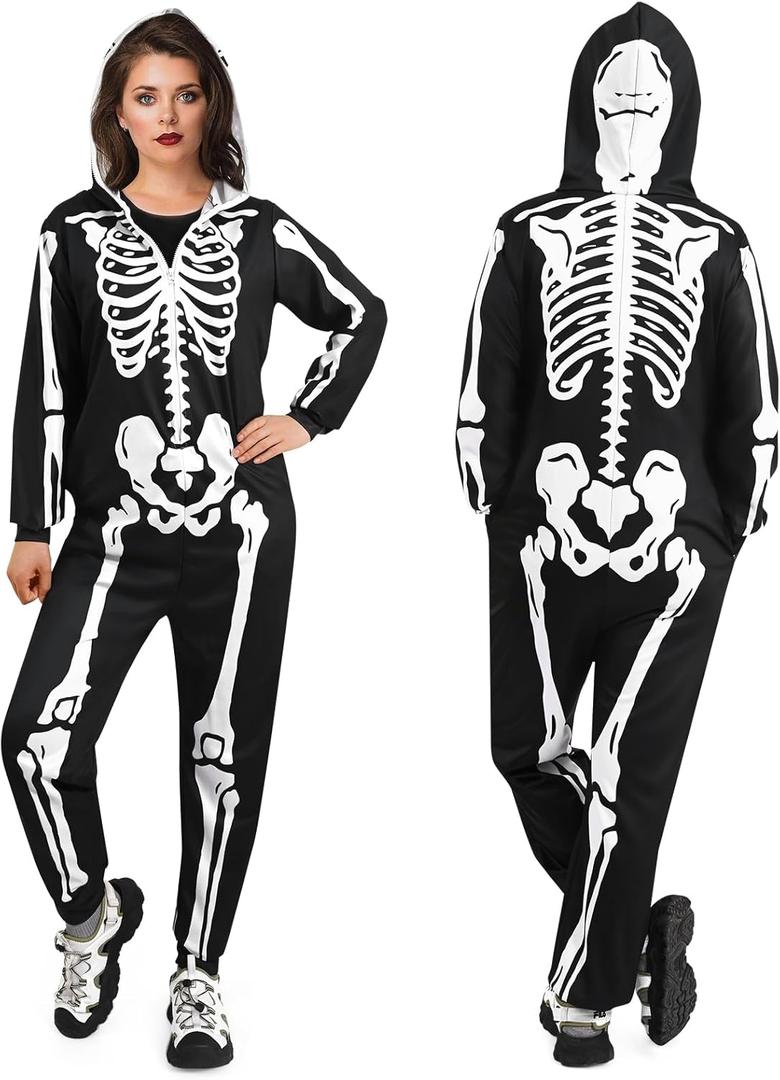 Waipfaru Halloween Skeleton Costume Women-Skeleton Onesie Adult -Front and Back Bone Print with Zip Up Hooded (Medium)