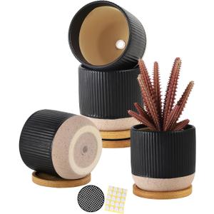 AOMRYOM 4 Inch Small Ceramic Plant Pots with Drainage Hole and Saucer, Modern Flower Planter for Succulent, Indoor Plants, Cactus, Herbs, Black, Set of 4 (Plant Not Included)