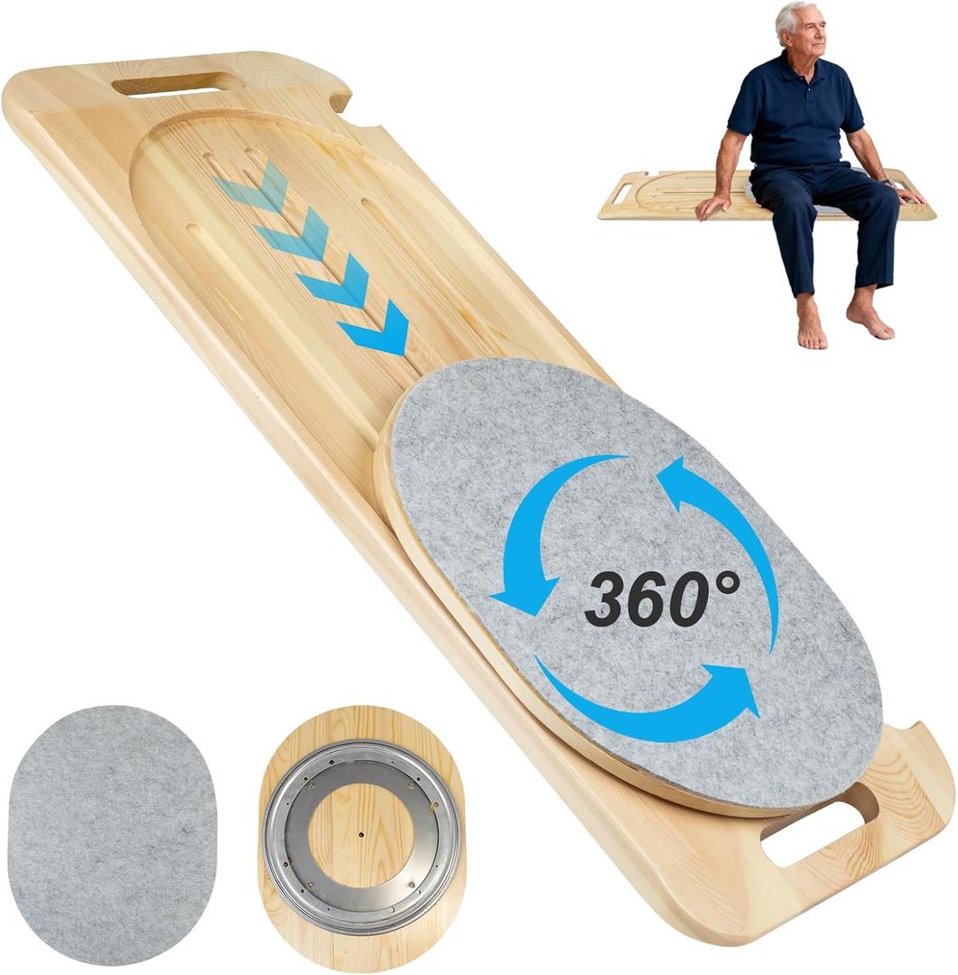 Wooden Slide Transfer Board,31x11" Transfer Board with Track Pulley Turntable, Made of Heavy-Duty Wood for Patient, Holds up to 500 Pounds, Suitable for Patient Senior and Handicap Move Assist