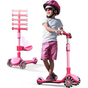 2-in-1 Adjustable Kick Scooter for Kids 3-5 (Suitable 3-12 Years),5-Level Handlebar & Removable Seat, LED Light-Up Wheels, Wide Deck, Foldable Design for Indoor/Outdoor Use - Girls & Boys