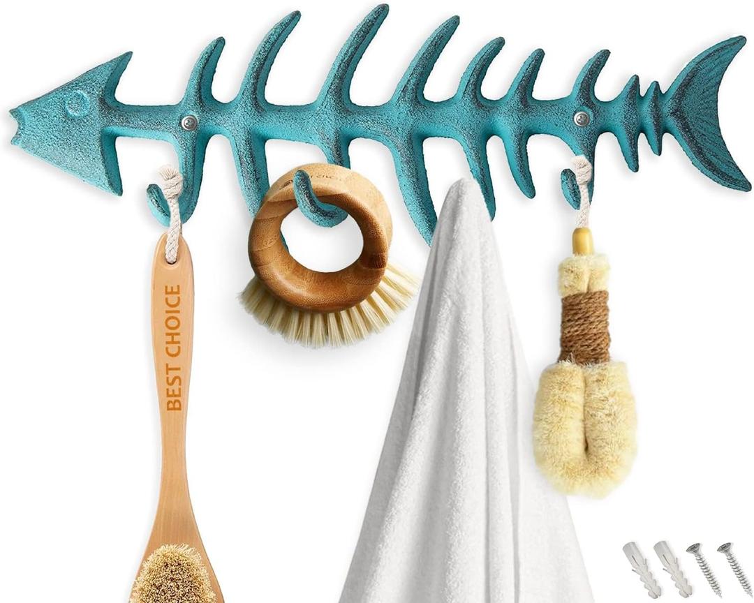 Comfify Decorative Fish Bones Wall Mounted Towel Rack Stylish Cast Iron Hanger w/4 Fish Hooks | Includes Screws and Anchors - Fish Bones Towel Hanger - Teal Blue (Large)