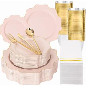 WDF 350Pcs Pink Plastic Plates - Pink and Gold Disposable Plates 50Guest Plastic Dinnerware for Baby Shower/Birthday/Wedding/Spring/Mother's Day