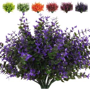 RECUTMS Artificial Fake Outdoor Plants Flowers for Spring Decoration, Faux Plastic Plants Outdoor Flower UV Resistant Realistic for Home Outside Planter Window Porch Patio Garden(Purple Eucalyptus)
