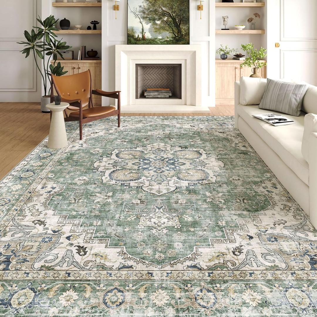 Area Rugs 9x12 Living Room - Large Washable Sage Green Boho Rugs for Bedroom Soft Vintage Rug Ultra-Thin Farmhouse Oriental Medallion Carpet Non Slip Rug for Dining Room Guest Room Home Decor
