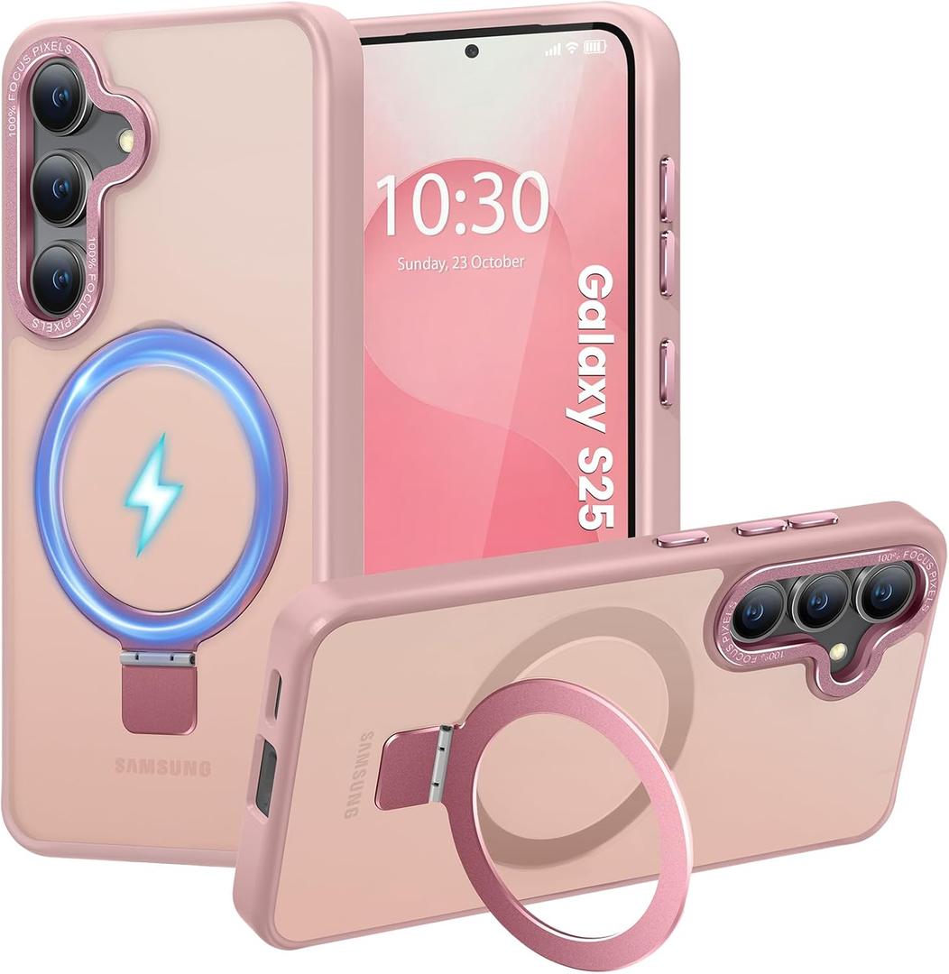 HuwaiH Magnetic Stand for Samsung Galaxy S25 Case, Military-Grade Protection, Anti-Fingerprint Anti-Scratch Translucent Matte Phone case for Samsung Galaxy S25(Pink)
