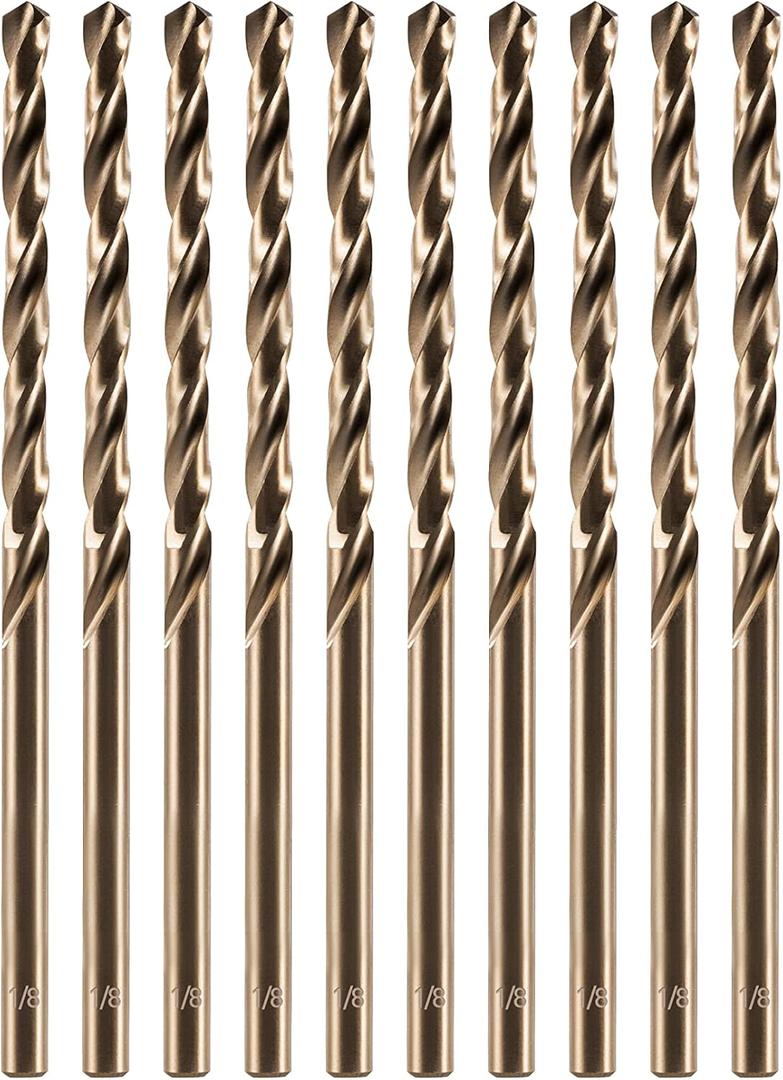 amoolo 1/8" inch Cobalt Drill Bits (10Pcs), M35 HSS Metal Jobber Length Twist Drill Bit Set for Hard Metal, Stainless Steel