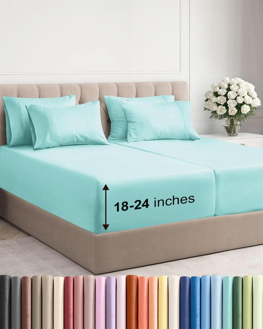 Extra Deep Split King Sheet Set - 7 Piece Breathable and Cooling Sheets - Hotel Luxury Bedding for Women, Men, Kids & Teens - Easy & Secure Fit - Soft and Wrinkle Free - Extra Deep Pockets - Spa Blue