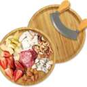 Round Bamboo Serving Tray with Handled Mezzaluna Knife Fruit, Bread, Salad Plate, Round Wood Charcuterie Board Coffee Table, Suitable for Storage and Display (Bamboo, 8x8 inch)